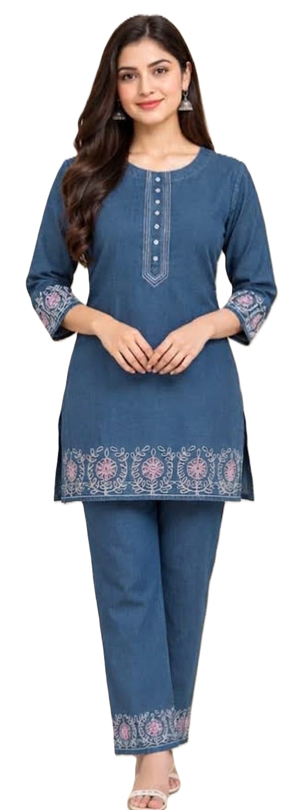 Women's Denim Co-ord Set with Embroidery, 100% Cotton Denim Light Blue