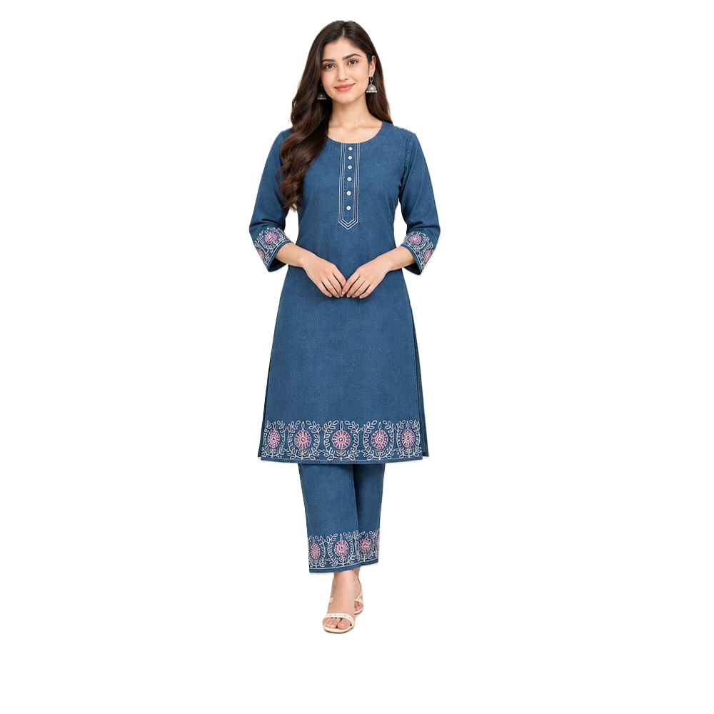 Women's Denim Co-ord Set with Embroidery, 100% Cotton Denim