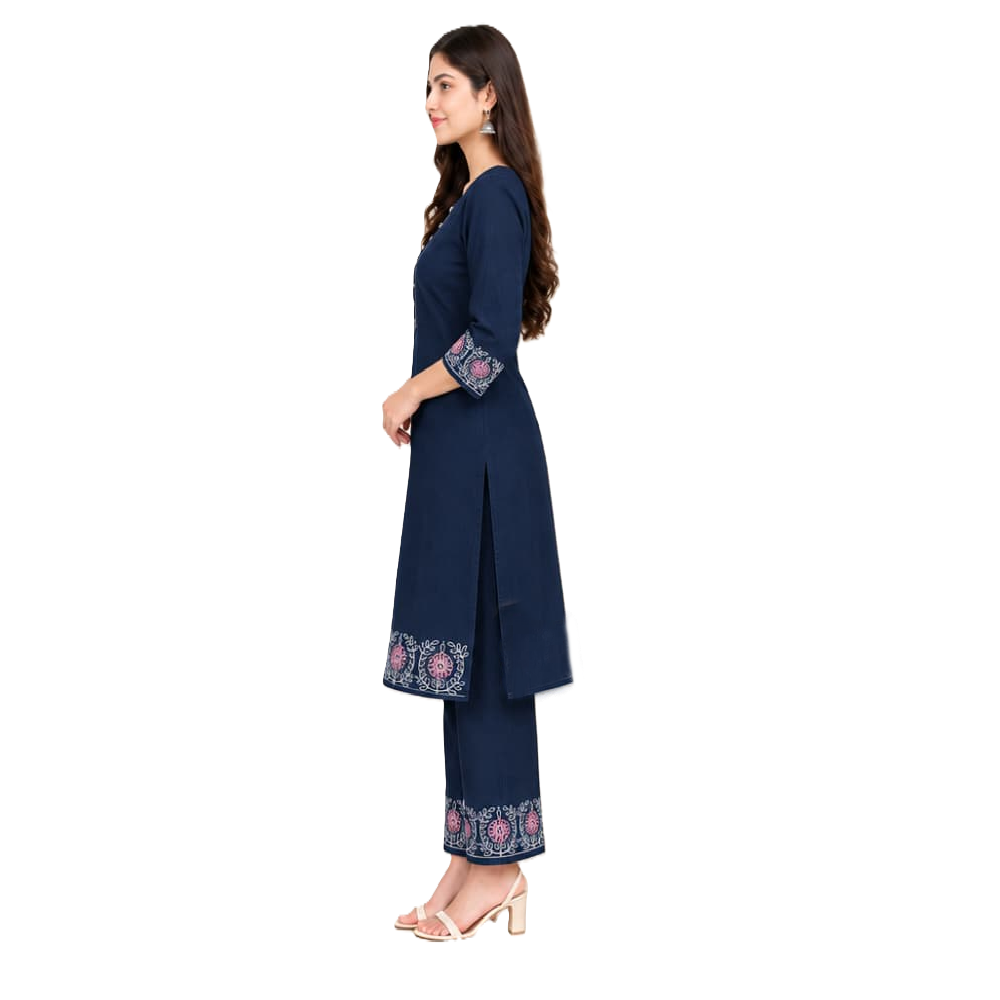 Women's Denim Co-ord Set with Embroidery, 100% Cotton Denim Navy  Blue