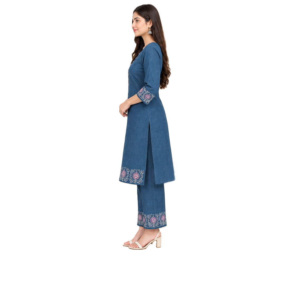 Women's Denim Co-ord Set with Embroidery, 100% Cotton Denim
