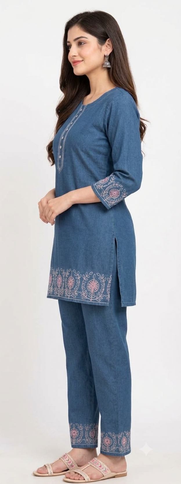 Women's Denim Co-ord Set with Embroidery, 100% Cotton Denim Light Blue