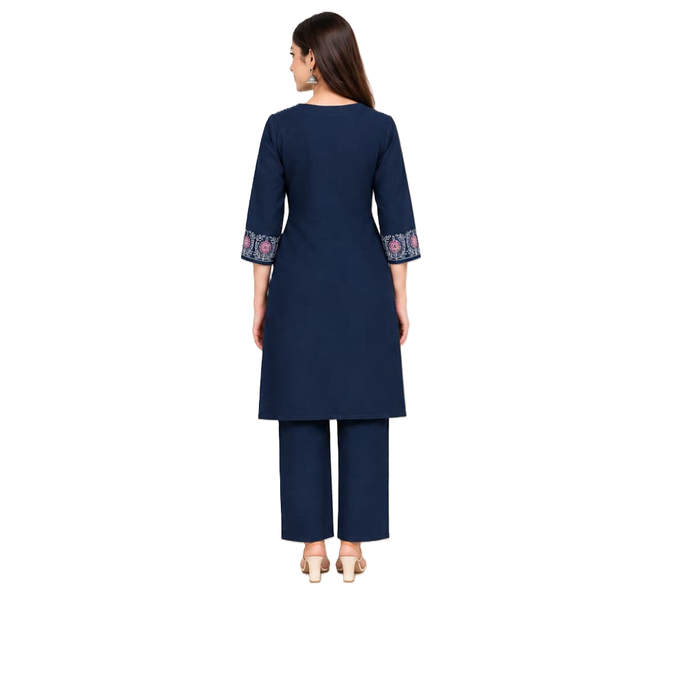 Women's Denim Co-ord Set with Embroidery, 100% Cotton Denim Navy  Blue