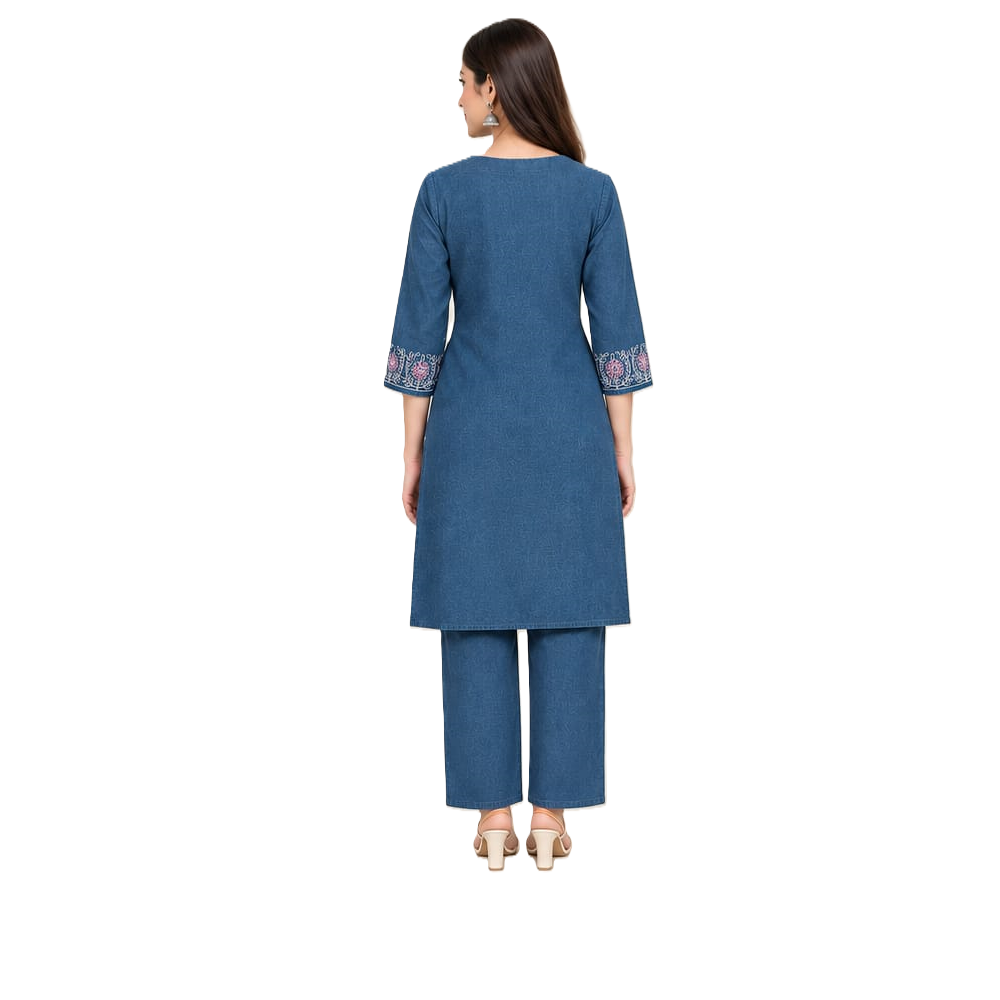Women's Denim Co-ord Set with Embroidery, 100% Cotton Denim