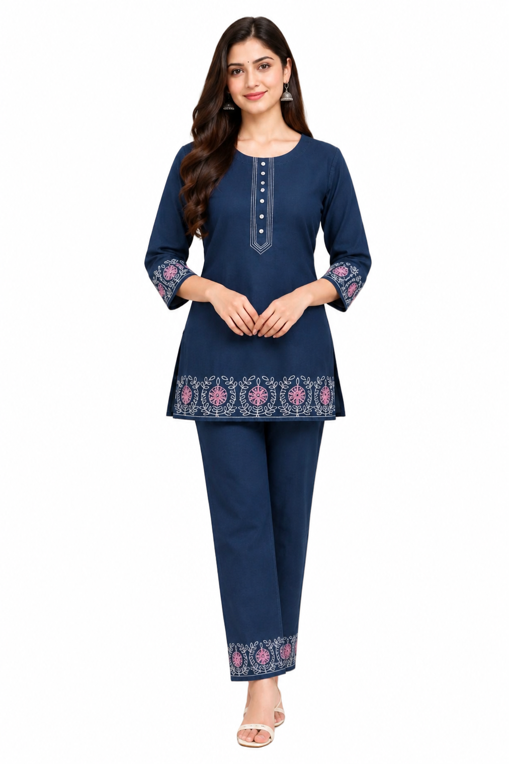 Women's Denim Co-ord Set with Embroidery, 100% Cotton Denim Navy  Blue