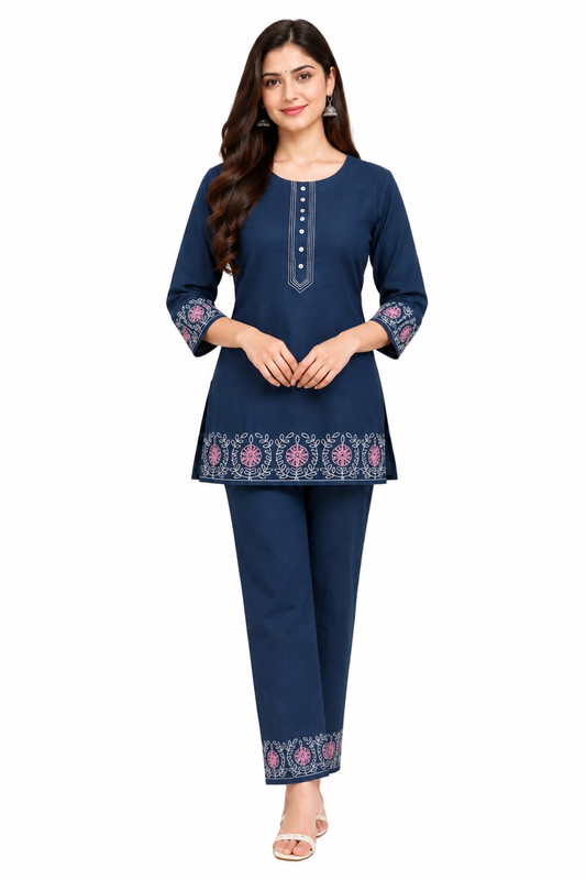 Women's Denim Co-ord Set with Embroidery, 100% Cotton Denim Navy  Blue