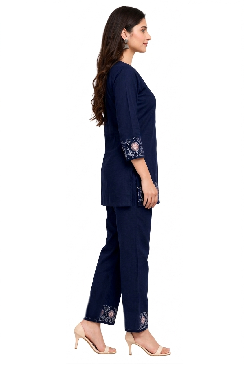 Women's Denim Co-ord Set with Embroidery, 100% Cotton Denim Navy  Blue