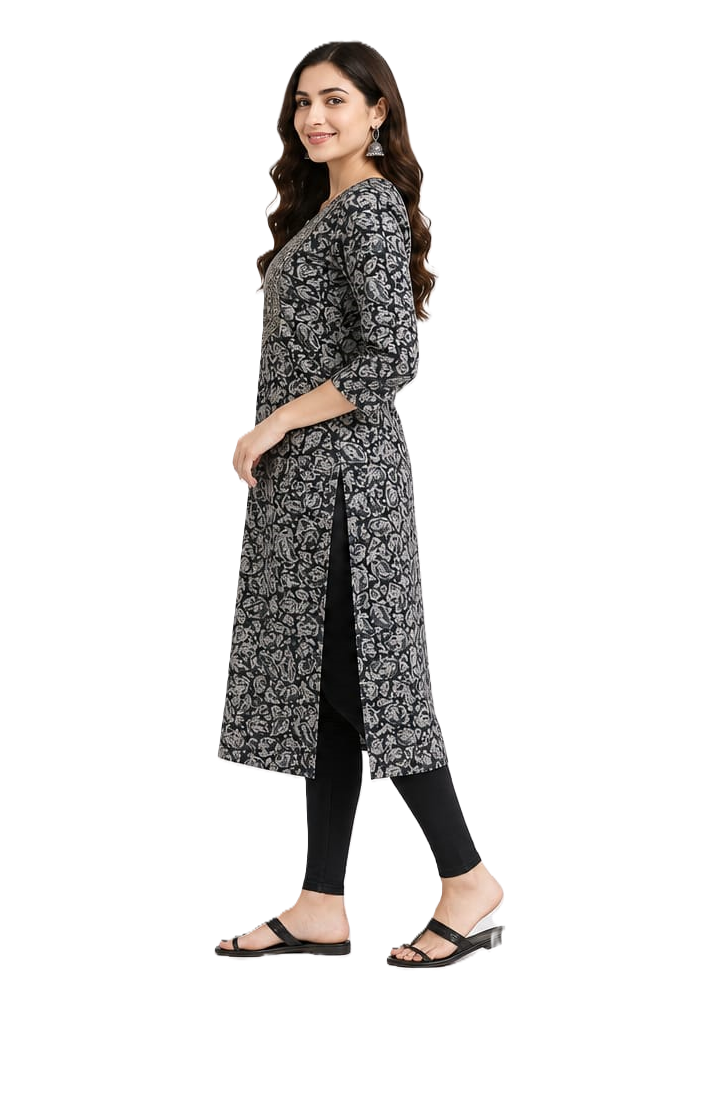 South Indian Cotton Kalamkari Kurtis| Hand block Kalamkari Print, Grey