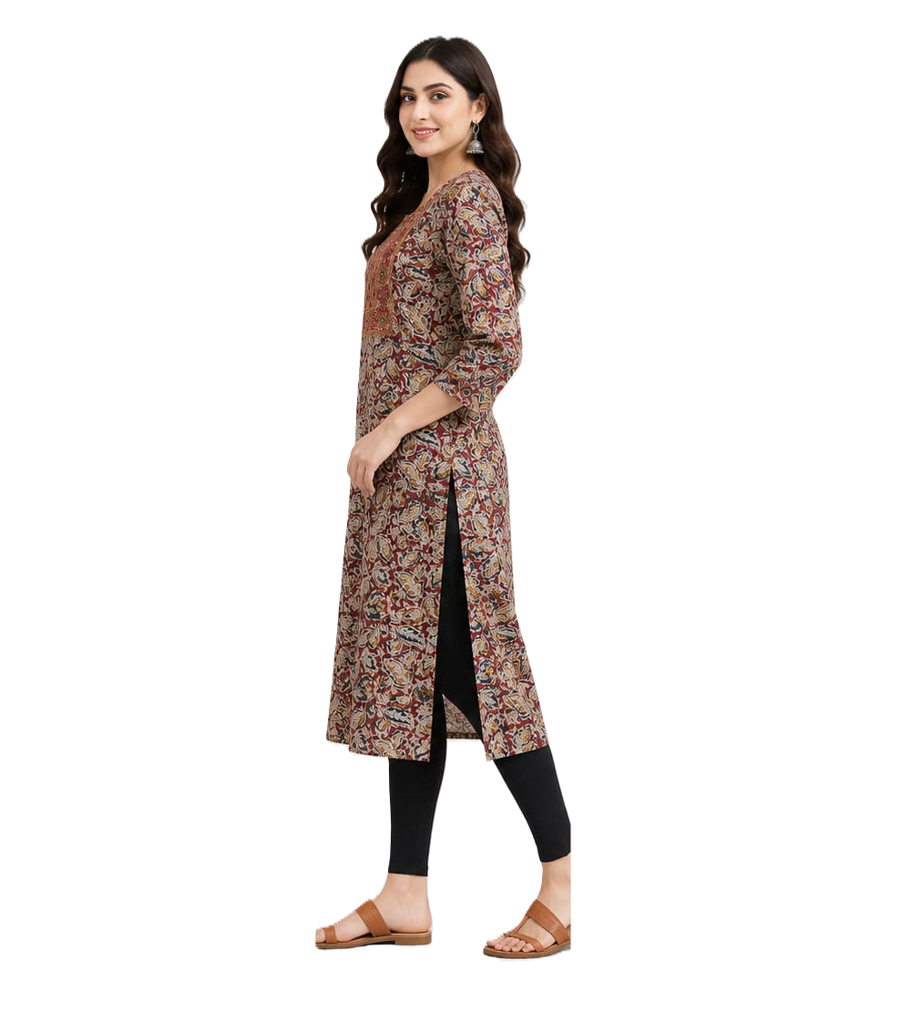 Cotton Kalamkari Kurtis for Women | Hand block Kalamkari Print, Women's Wear Maroon