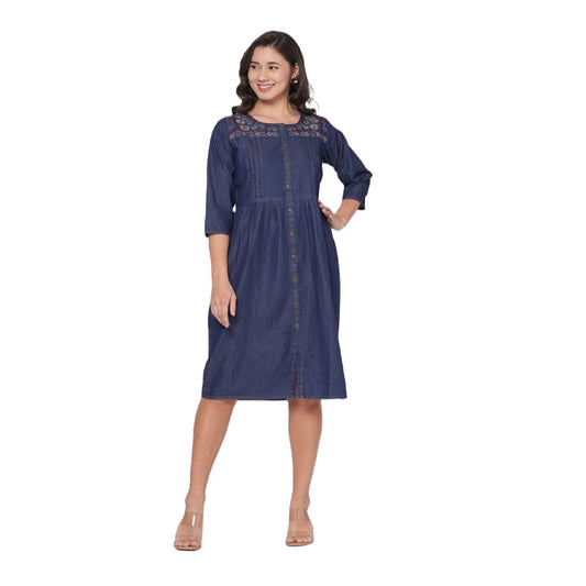Denim Embroidery Dress for Women, All time All Season Fashion Dark Blue