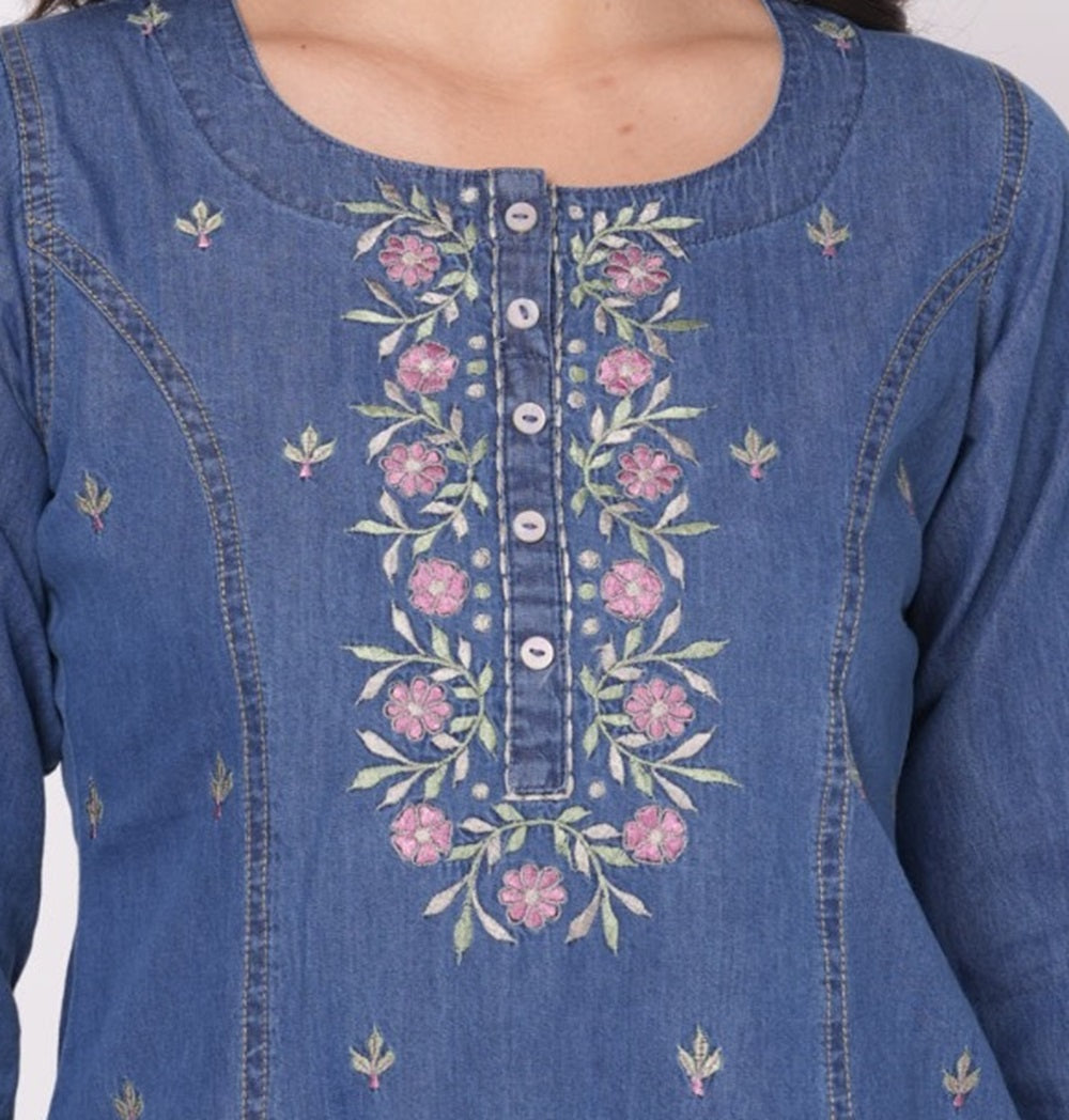 Denim Princess Cut Short Kurti/Top for Women Light Blue