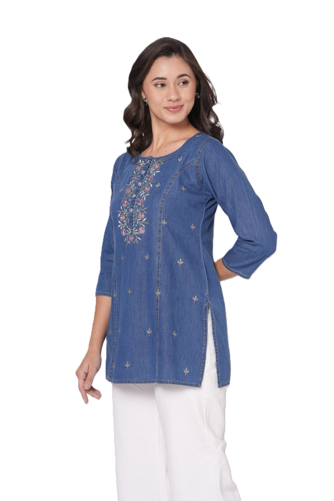 Denim Princess Cut Short Kurti/Top for Women Light Blue