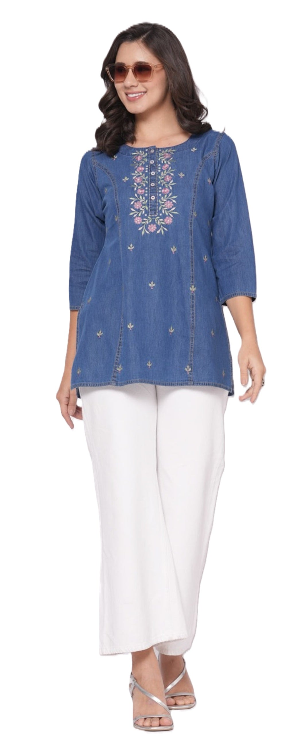 Denim Princess Cut Short Kurti/Top for Women Light Blue