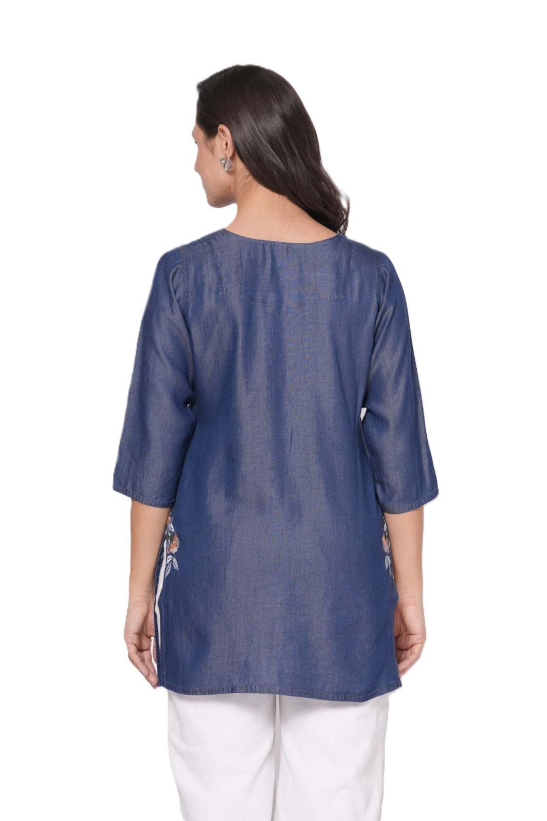 Tensil Denim Kashmiri Work Short Kurti/Top for Women Blue