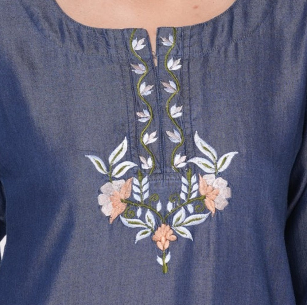 Tensil Denim Kashmiri Work Short Kurti/Top for Women Blue