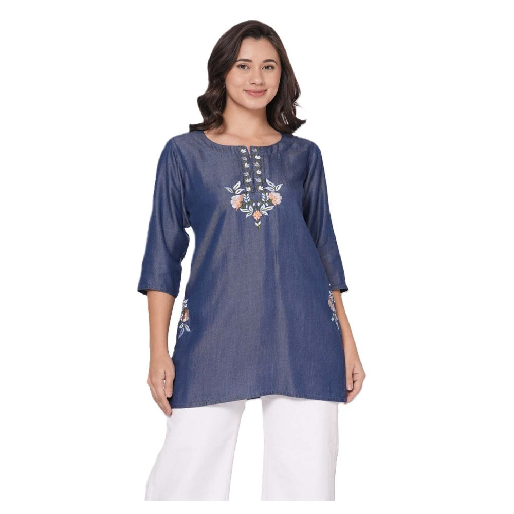 Tensil Denim Kashmiri Work Short Kurti/Top for Women Blue