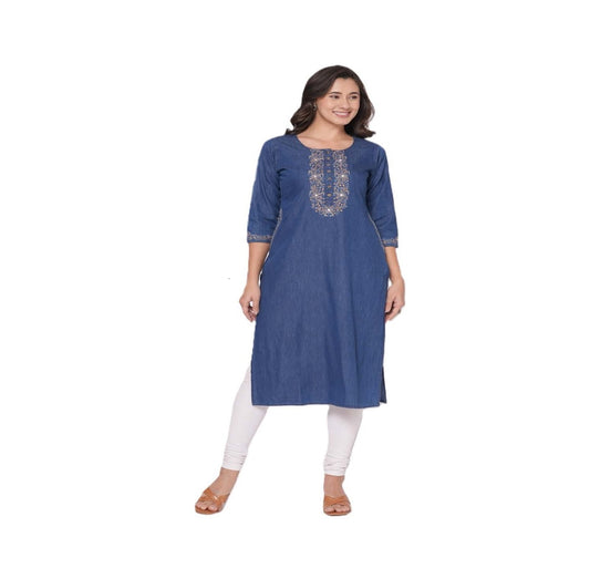 Denim Floral Embroidery Kurti