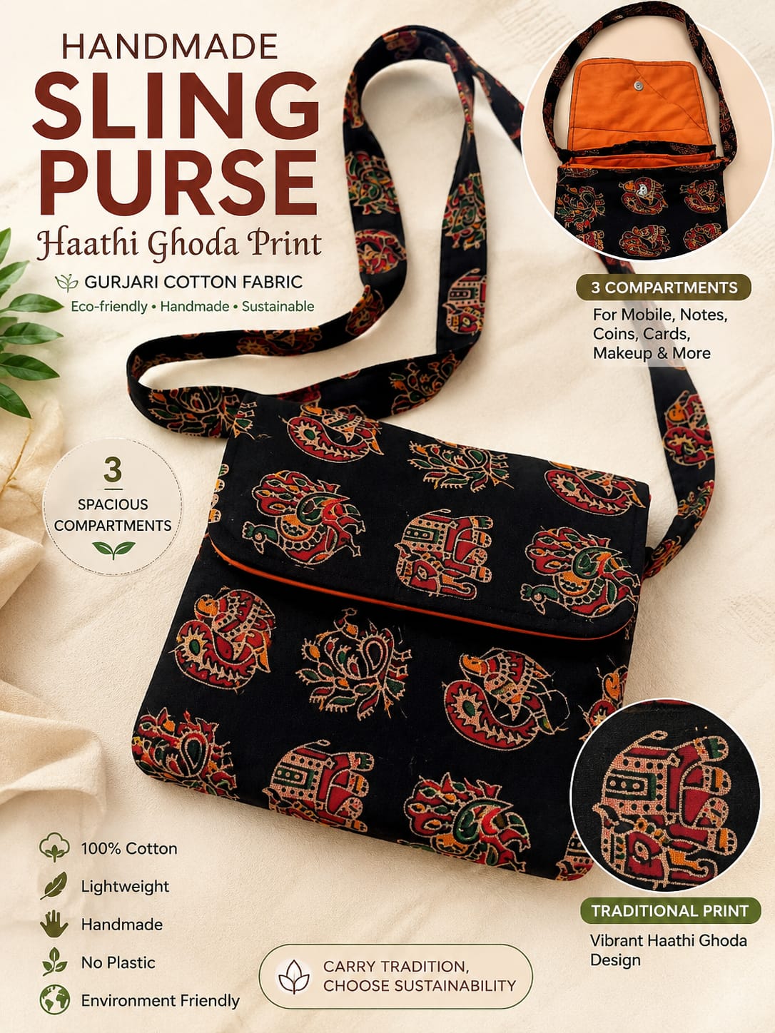 Mobile Pouch/Sling purse, Gurjari cotton traditional print