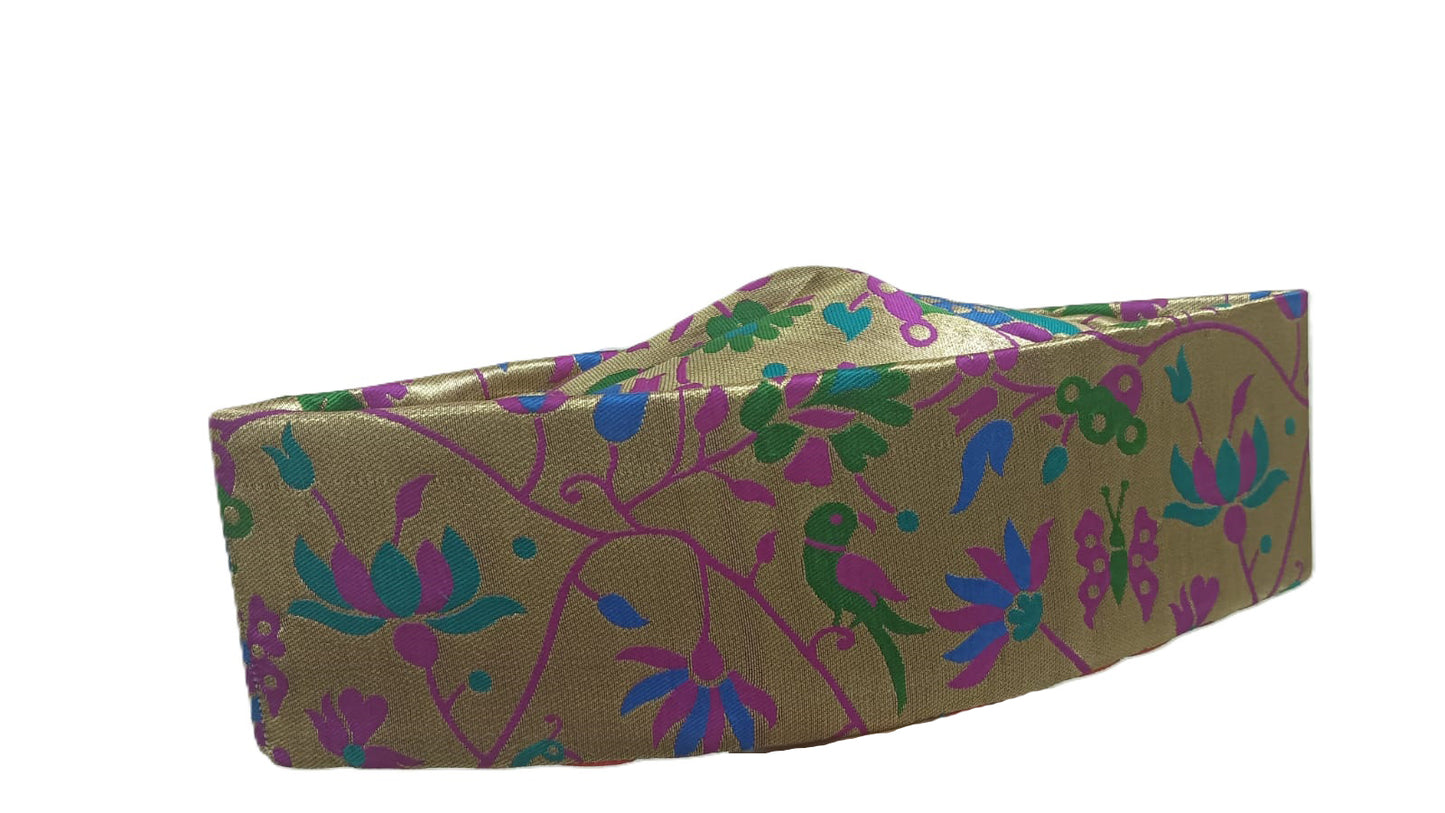 Paithani tourban/topi/cap for grooms golden Paithani Jaali-vel design