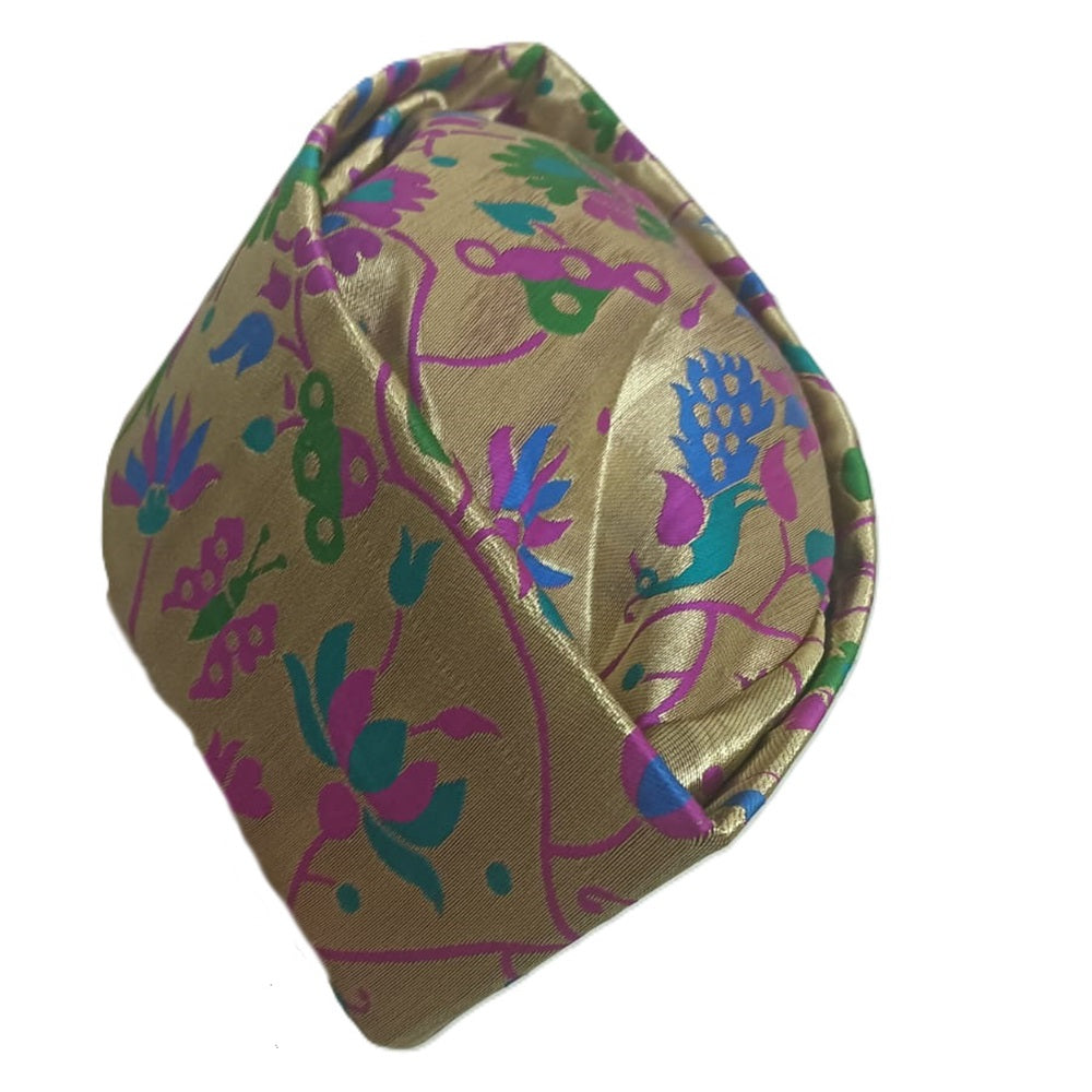 Paithani tourban/topi/cap for grooms golden Paithani Jaali-vel design