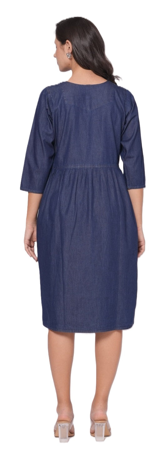 Denim Embroidery Dress for Women, All time All Season Fashion Dark Blue