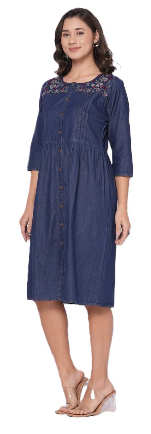 Denim Embroidery Dress for Women, All time All Season Fashion Dark Blue