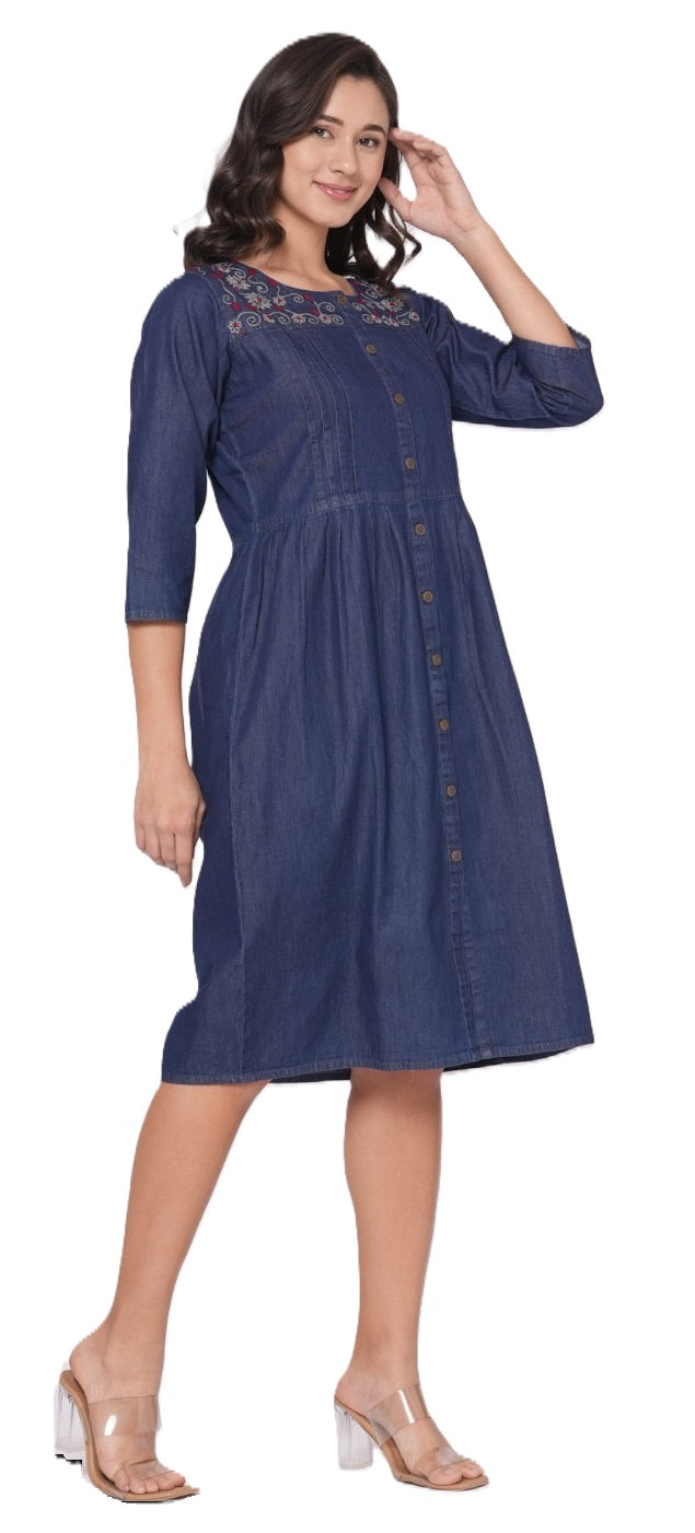 Denim Embroidery Dress for Women, All time All Season Fashion Dark Blue