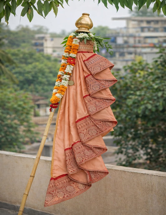 Traditional gudi Vastra with Gold_Red Border peach color