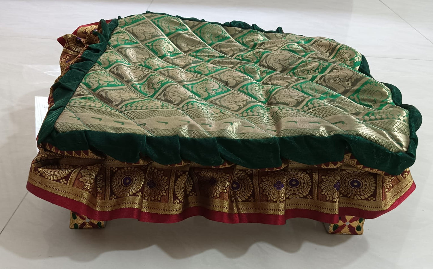 Paithani Chaurang Aasan for Pooja and Rituals | 12 Inch Length Square | Beautiful Traditional Silk Cloth with Golden Zari & Frills
