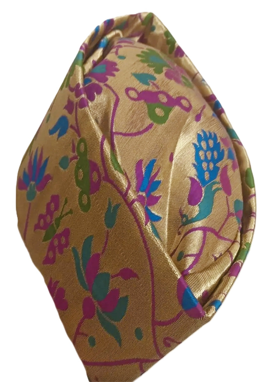 Paithani tourban/topi/cap for grooms golden Paithani Jaali-vel design Single