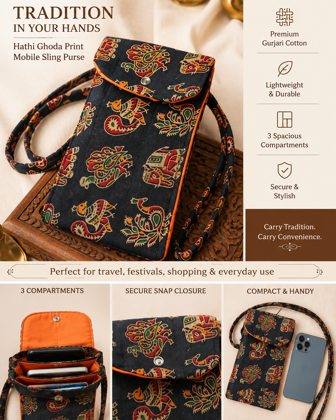 Mobile Pouch/Sling purse, Gurjari cotton traditional print