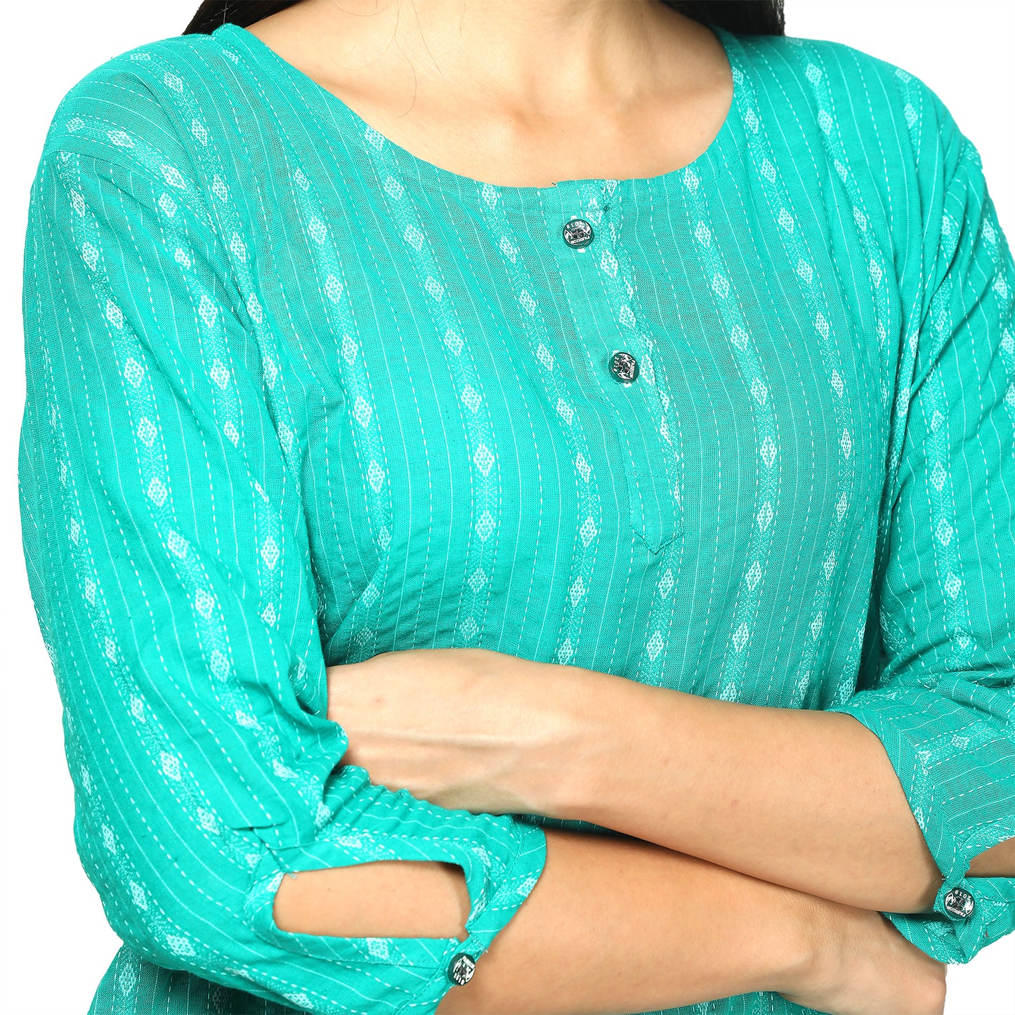 cotton short tops, Katha work and ikkat print