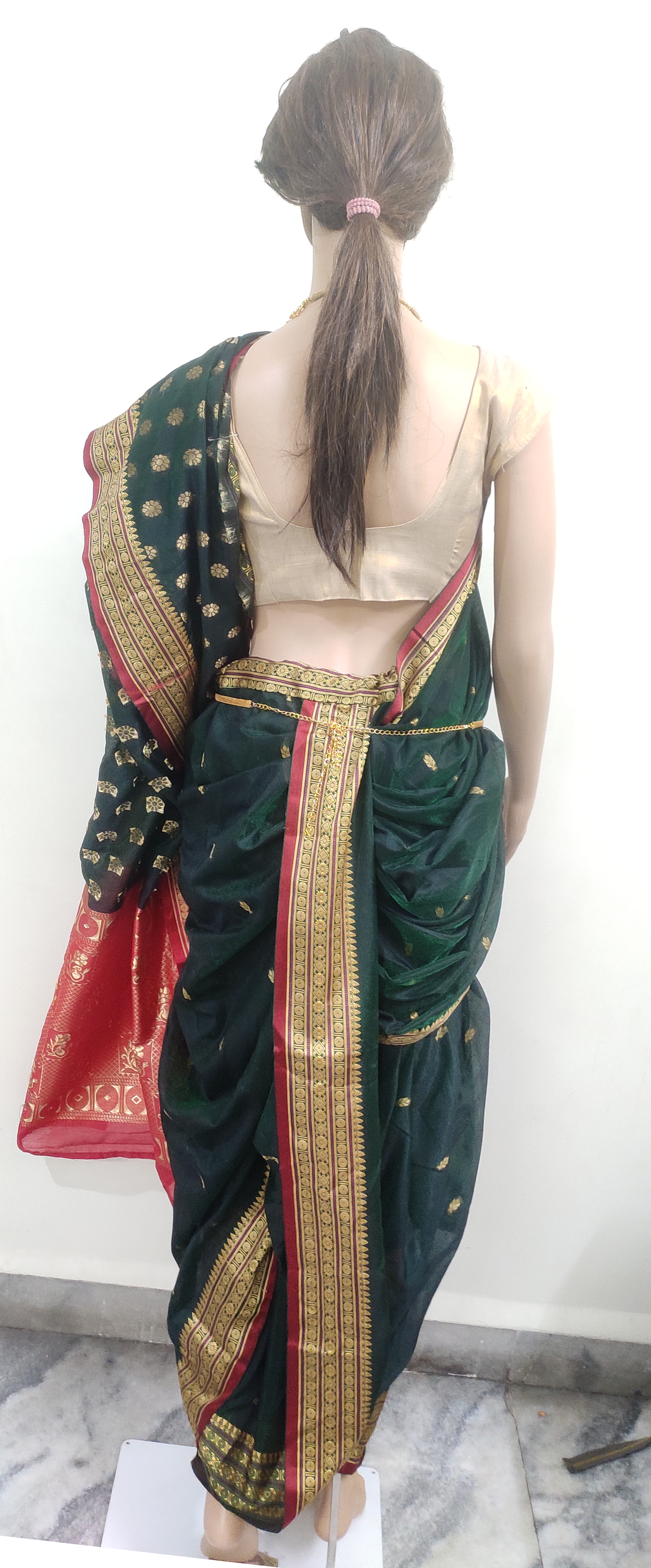 sari for women nauvaari ready to wear bottle green