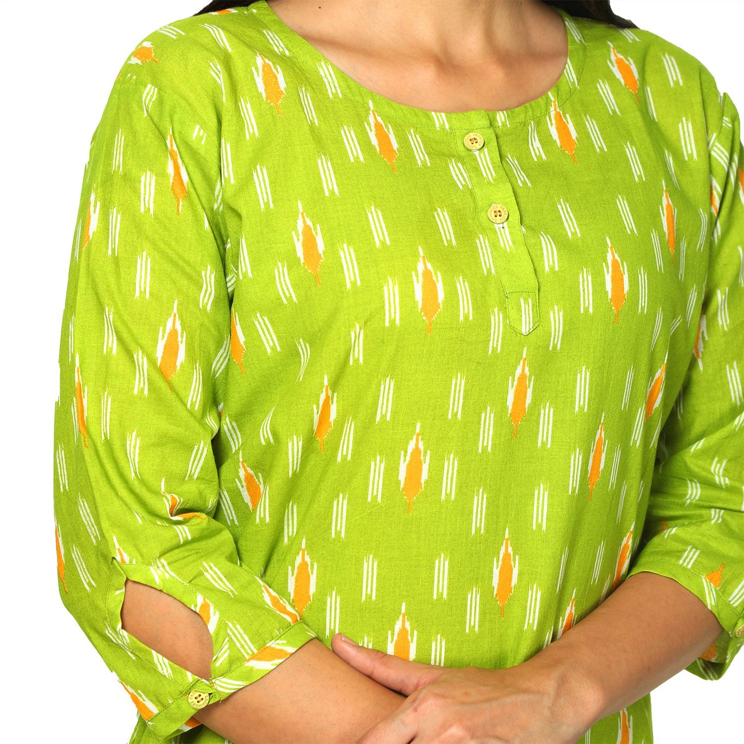 cotton short tops, Katha work and ikkat print