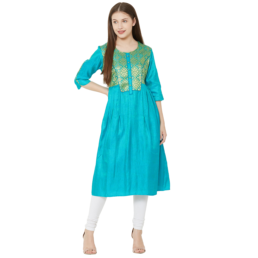 Cotton Blended Kurtis, Shiny Material, Colour Sea Green/Sky Blue