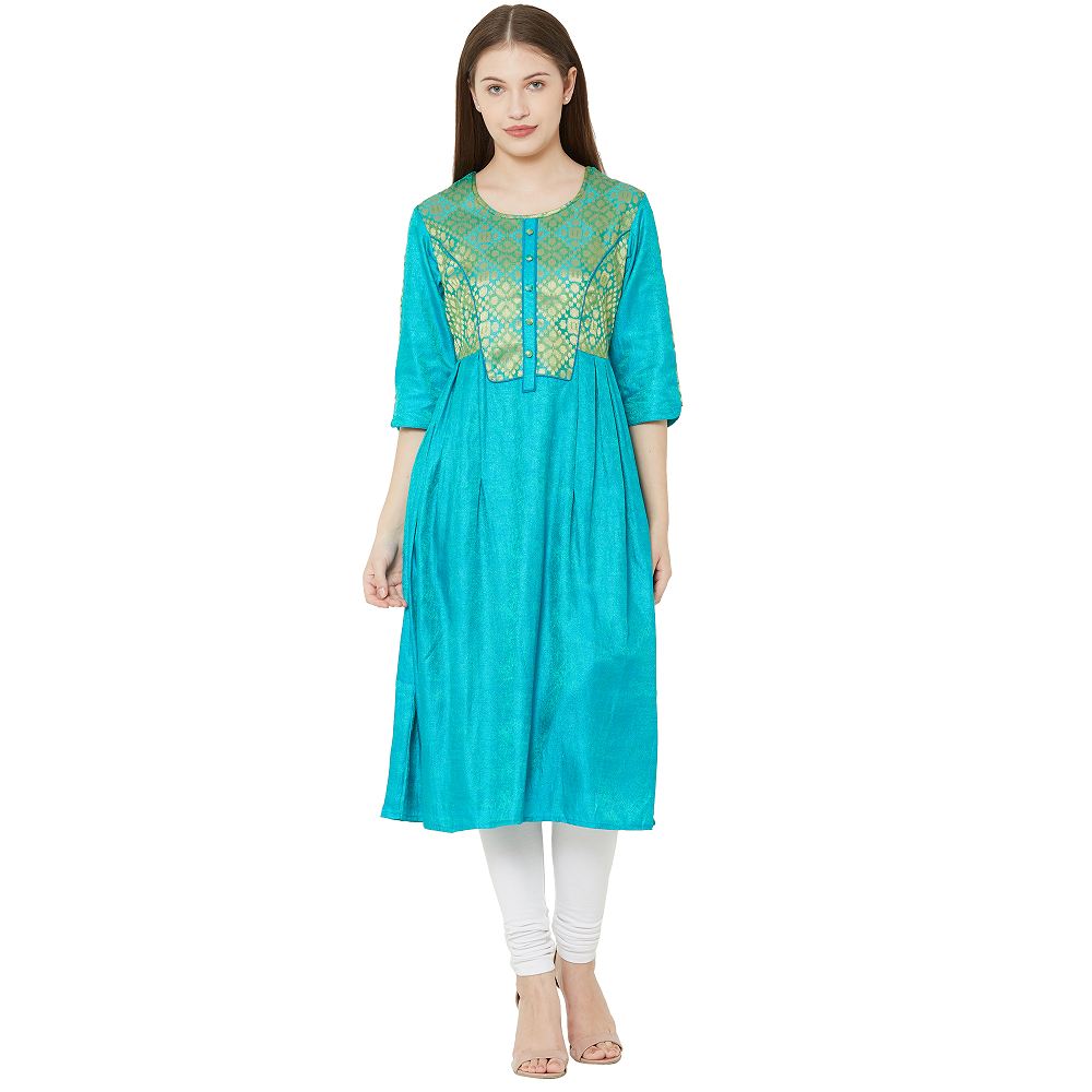 Cotton Blended Kurtis, Shiny Material, Colour Sea Green/Sky Blue