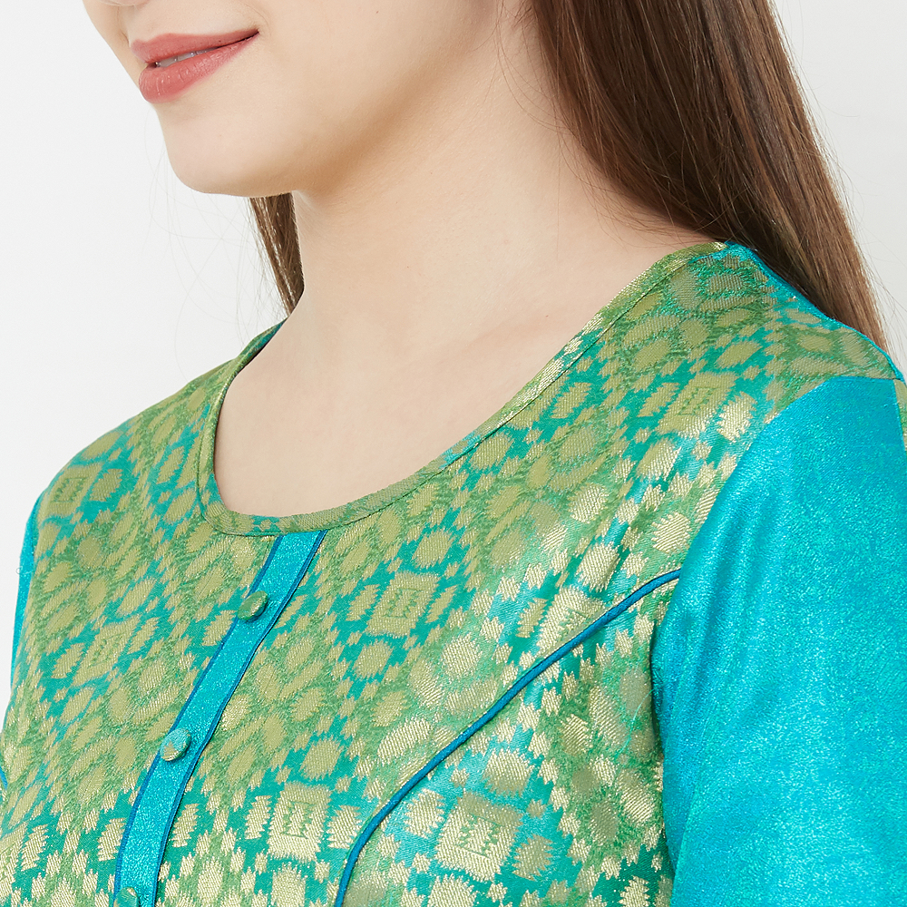 Cotton Blended Kurtis, Shiny Material, Colour Sea Green/Sky Blue