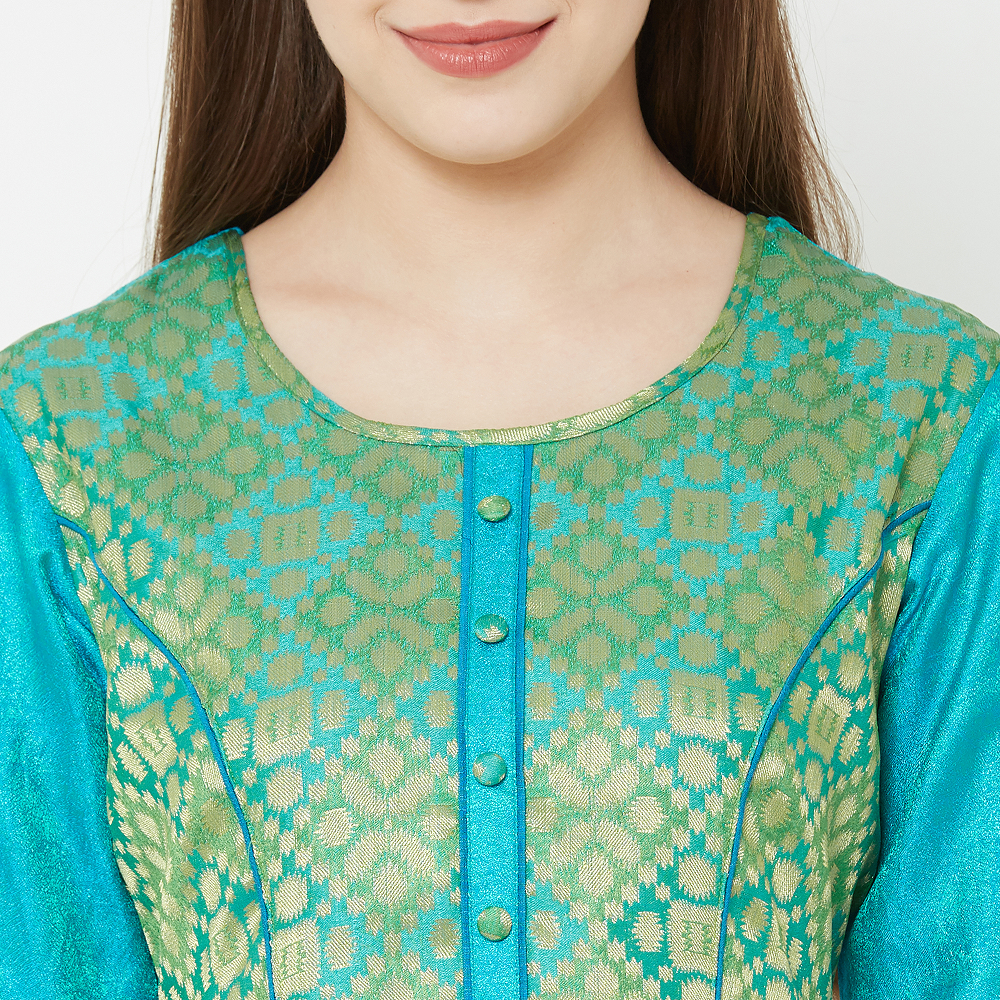 Cotton Blended Kurtis, Shiny Material, Colour Sea Green/Sky Blue