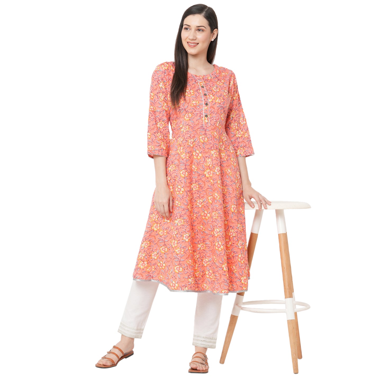 gia Jaipuri Peach Floral Kurtis