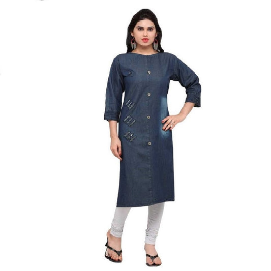 Women's Denim Boat Neck Kurti  Style Side Torn (Blue; Size M)