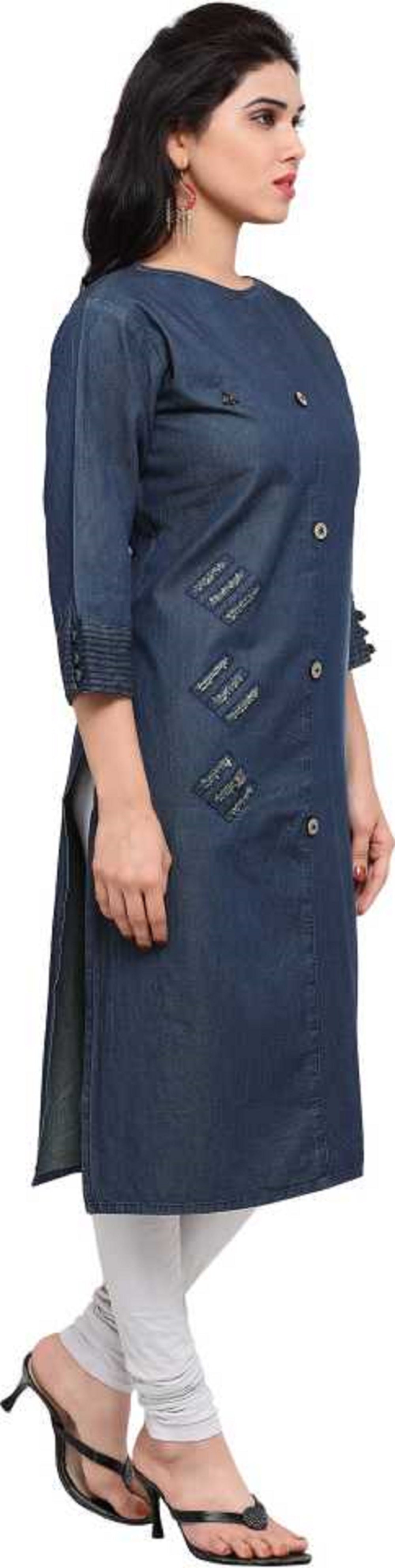 Women's Denim Boat Neck Kurti  Style Side Torn (Blue; Size M)