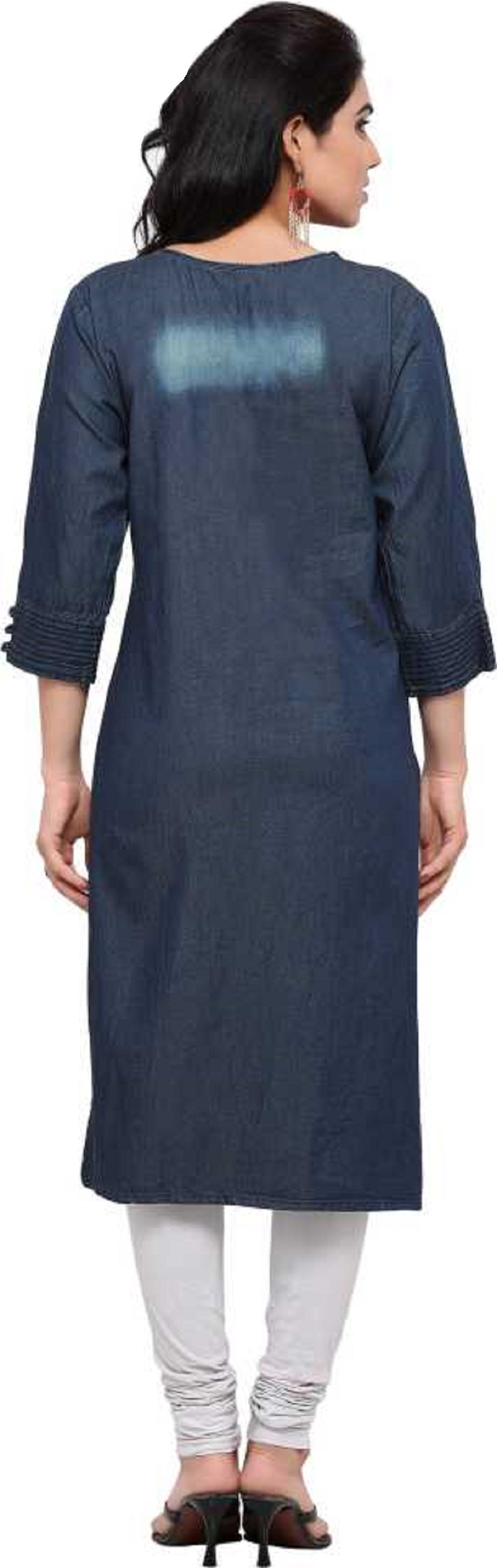 Women's Denim Boat Neck Kurti  Style Side Torn (Blue; Size M)