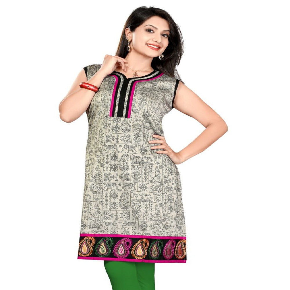 Warli print south silk kurti, Ash Grey something different Size L only - 40 inch