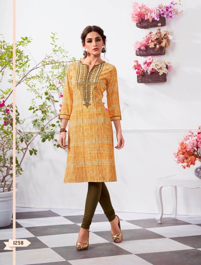 Summer special Kurti soft cotton with reshim embroidery. Mango Yellow color